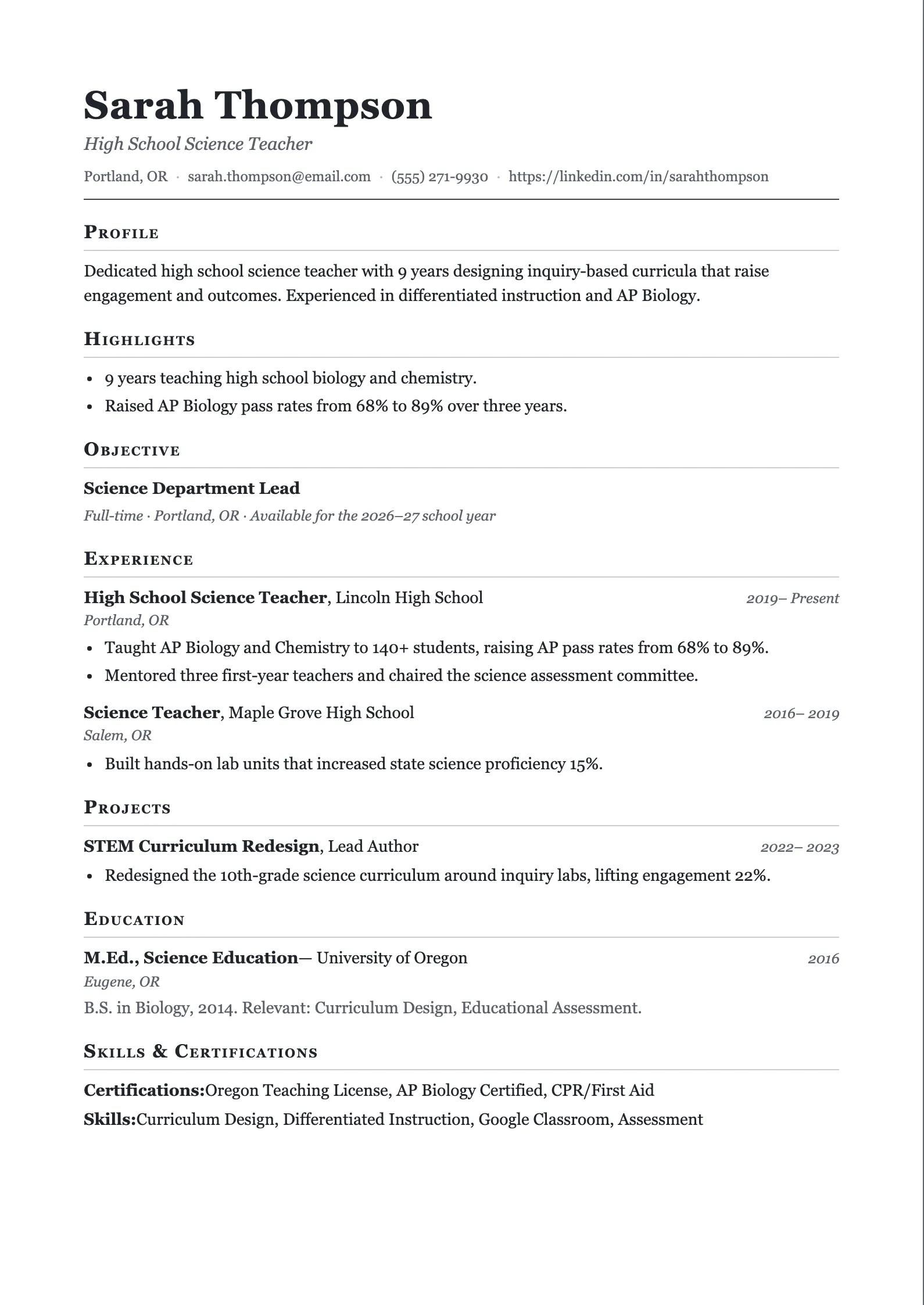 Single-column Academic resume template in a serif typeface with left-aligned small-caps section headings over hairline rules