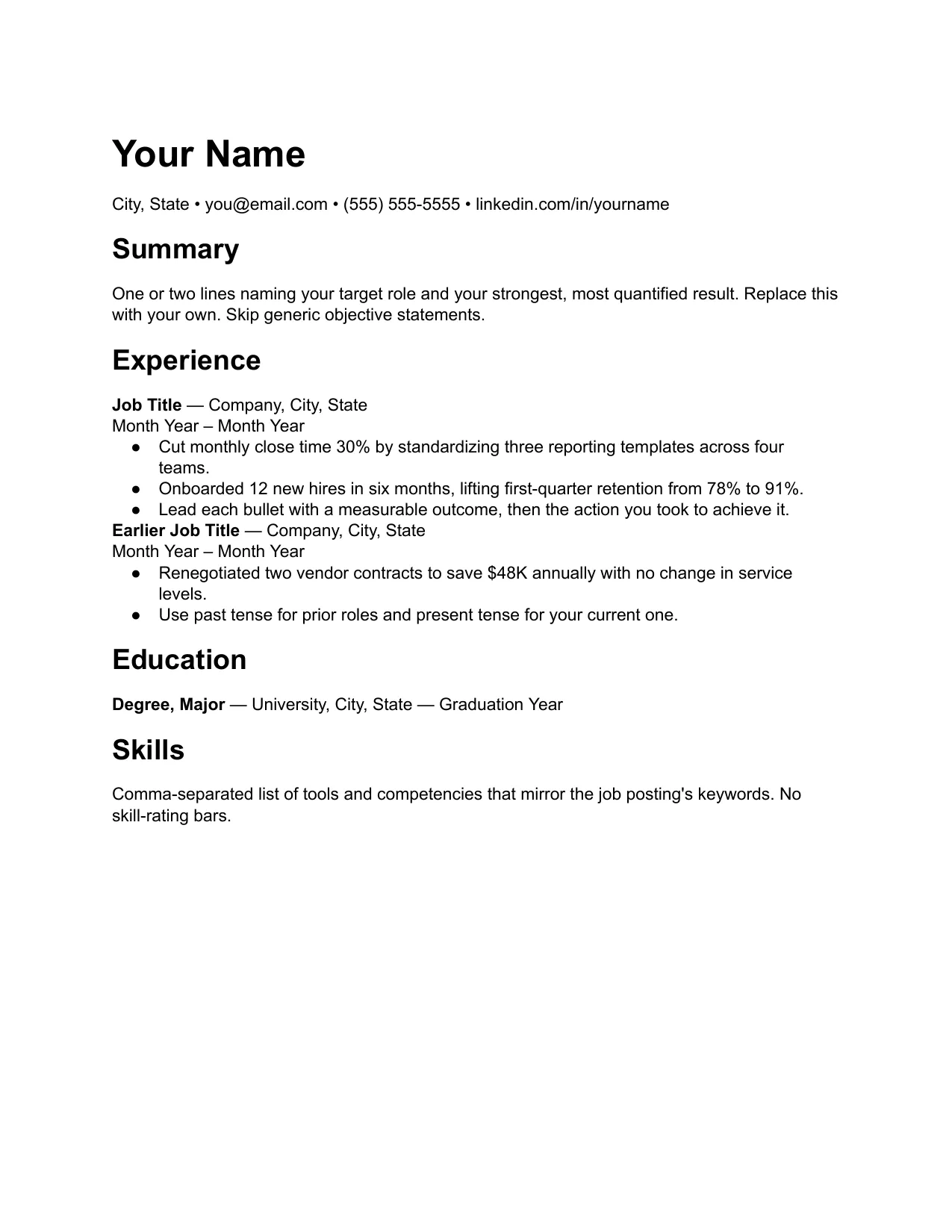 First page of the ATS Classic One Page resume template, a single-column layout with bold section headings