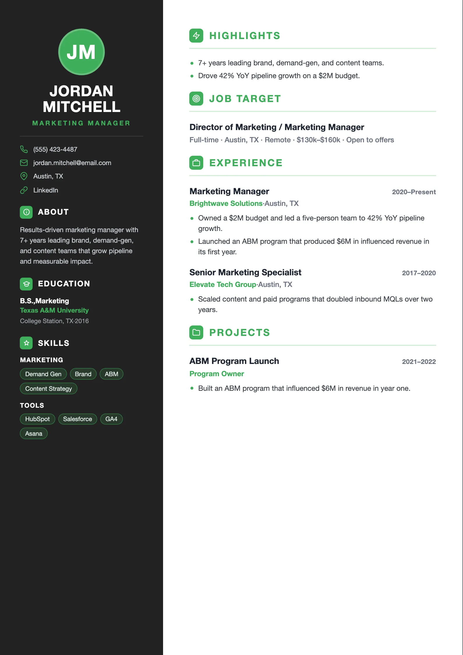 Two-column Bold resume template with a dark sidebar, green accents, and badge section headings