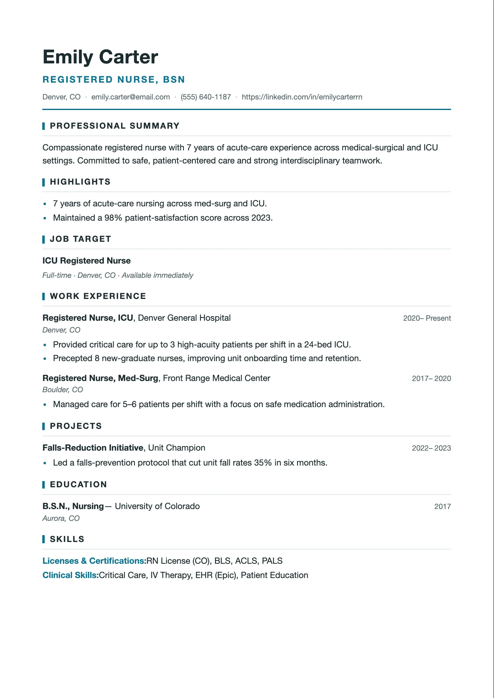 Single-column Clinical resume template with a left-aligned name, teal accent bars beside each heading, and a licenses and certifications section