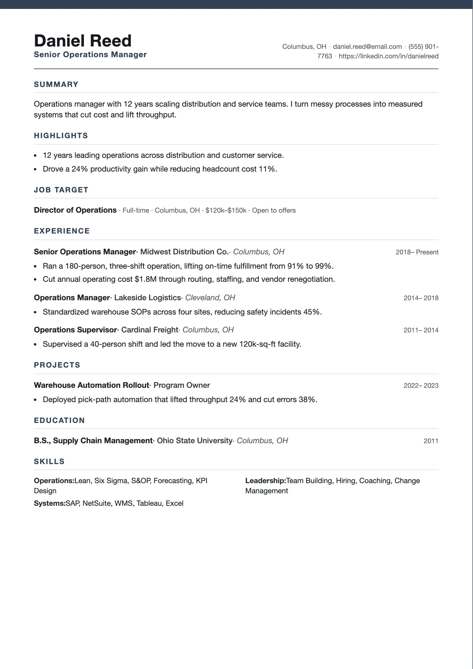 Compact single-page resume template with a thin accent top bar, dense sections, and a two-column skills grid that fits years of experience on one page