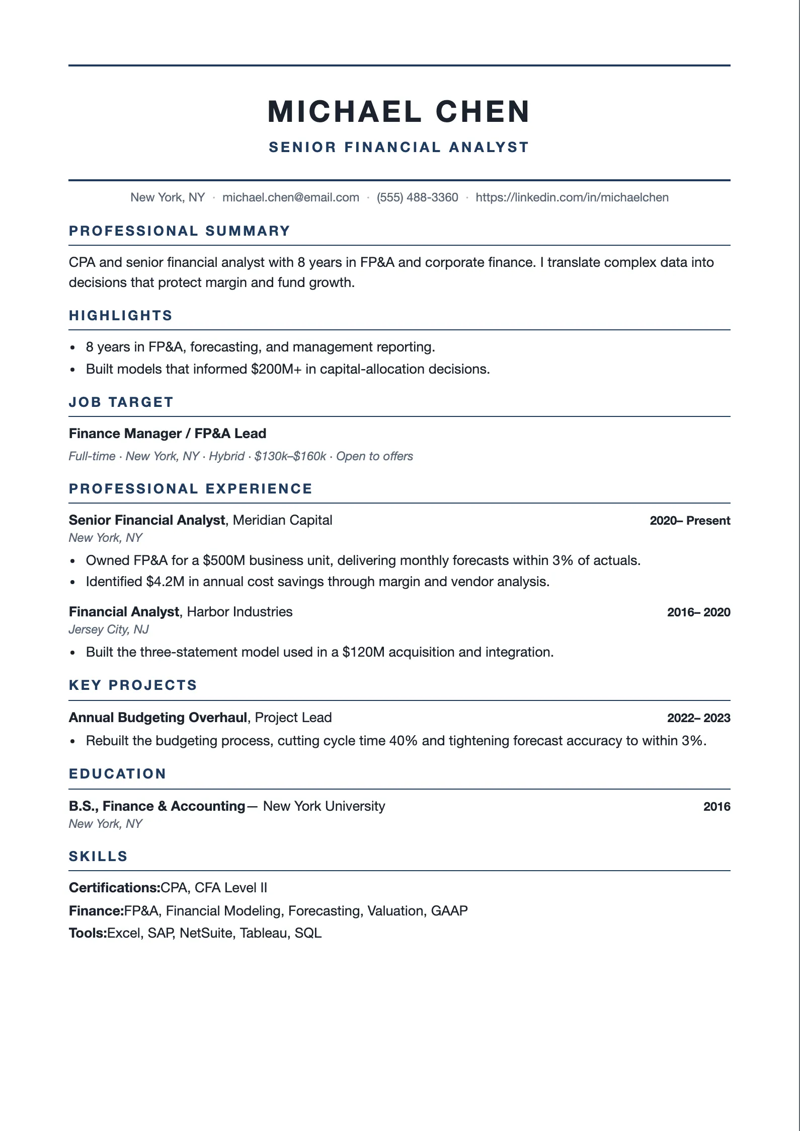 Single-column Corporate resume template with the name framed by top and bottom navy rules and navy uppercase section headings