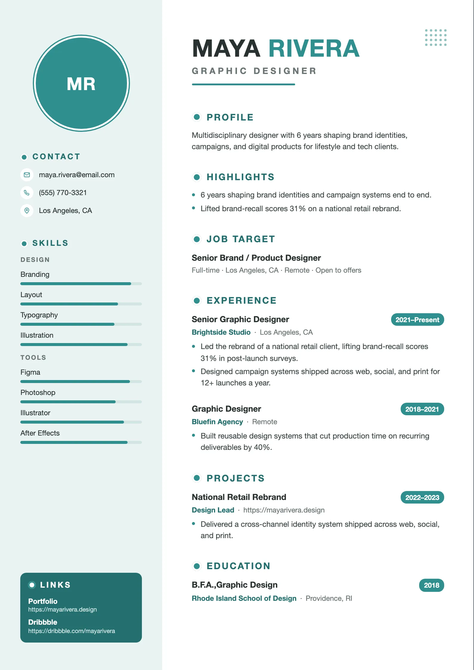 Two-column Creative Portfolio resume template with a teal accent, avatar, and skill meters