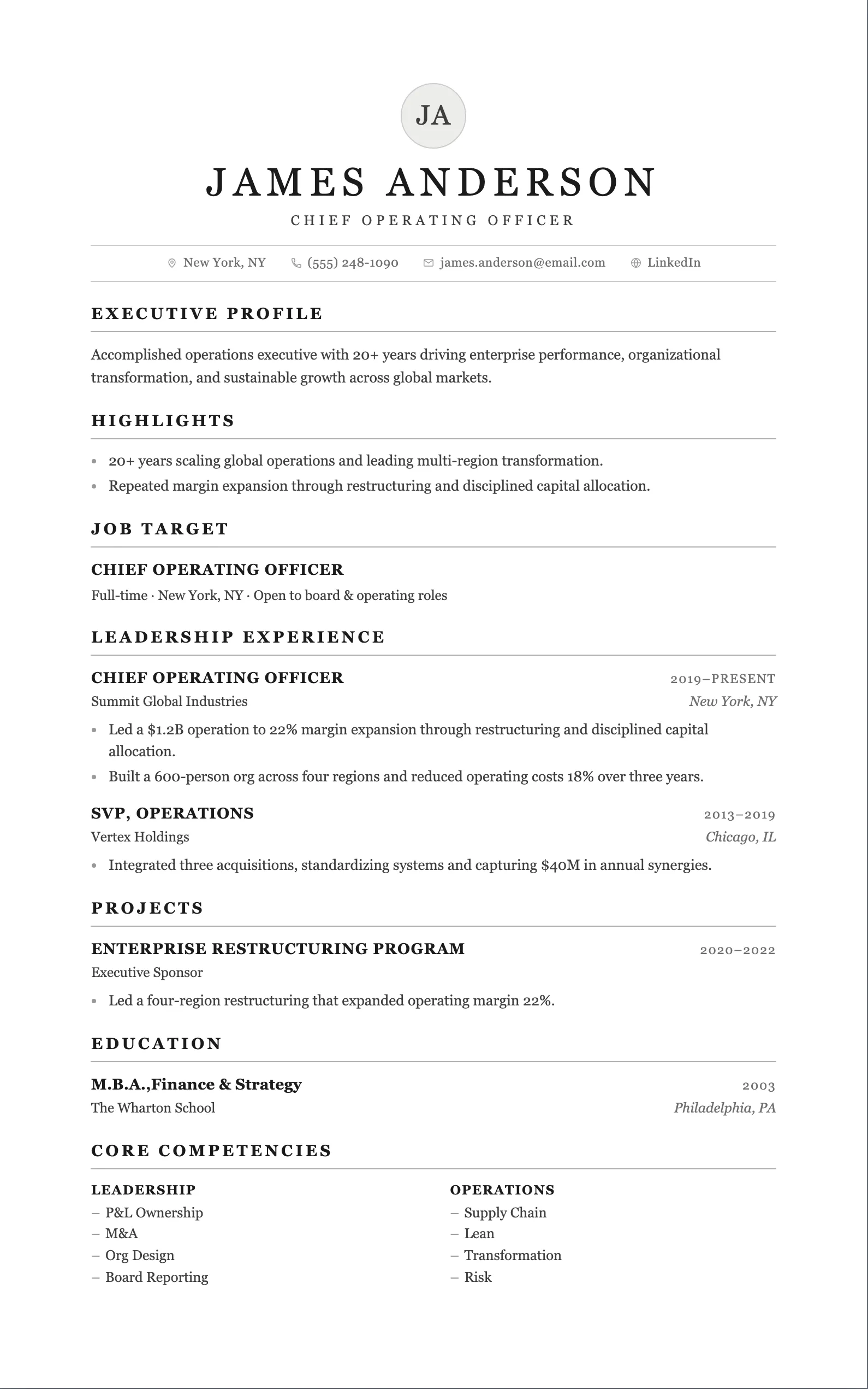 Single-column Executive Elegant resume template with a centered serif name and hairline section rules