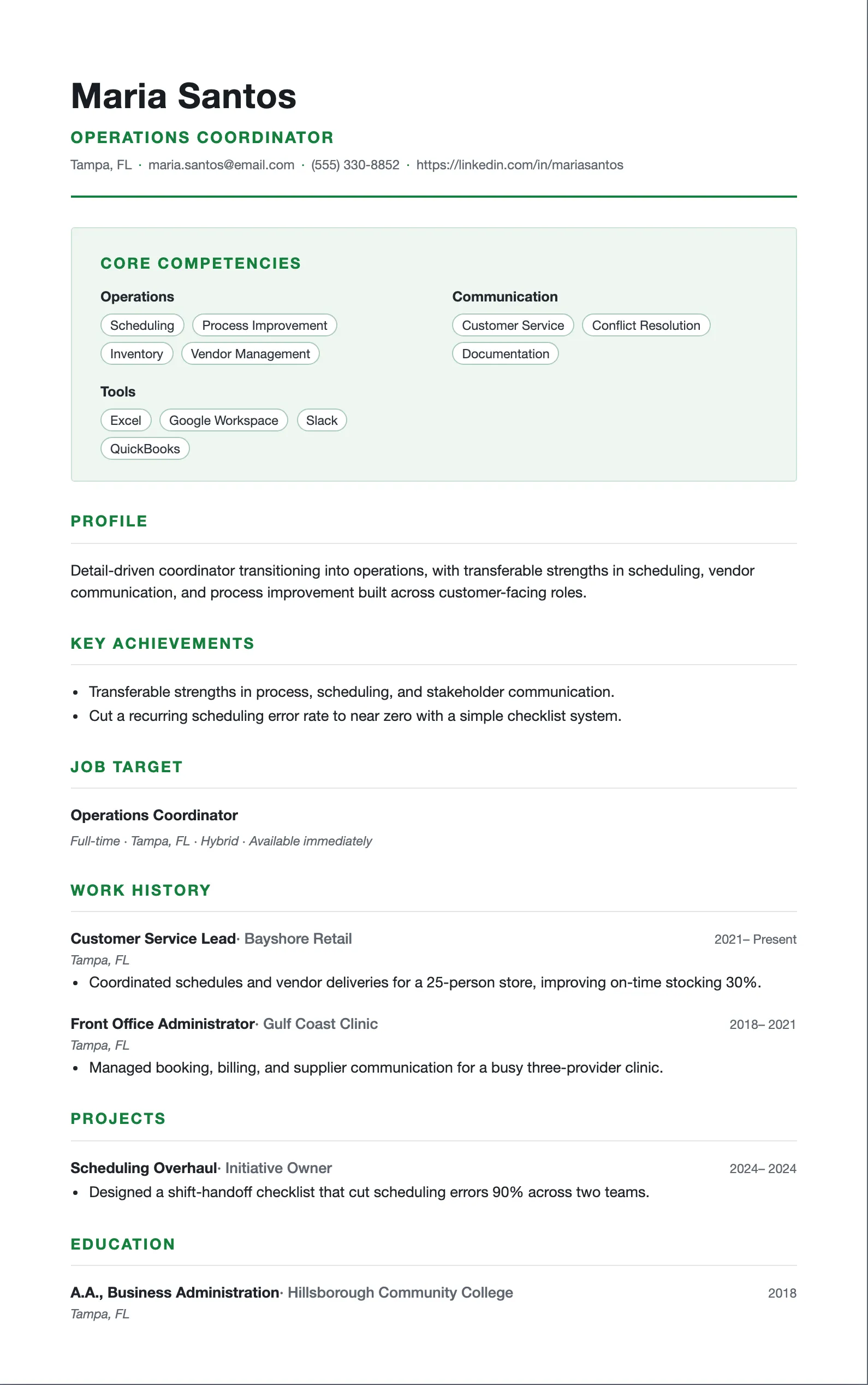 Functional resume template leading with a boxed Core Competencies grid of skill tags, followed by a condensed dated work history