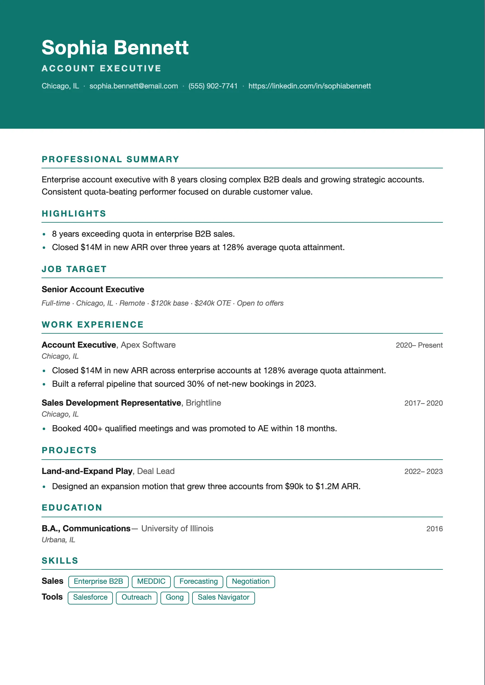 Single-column Header Band resume template with a full-width colored header banner and a clean body below