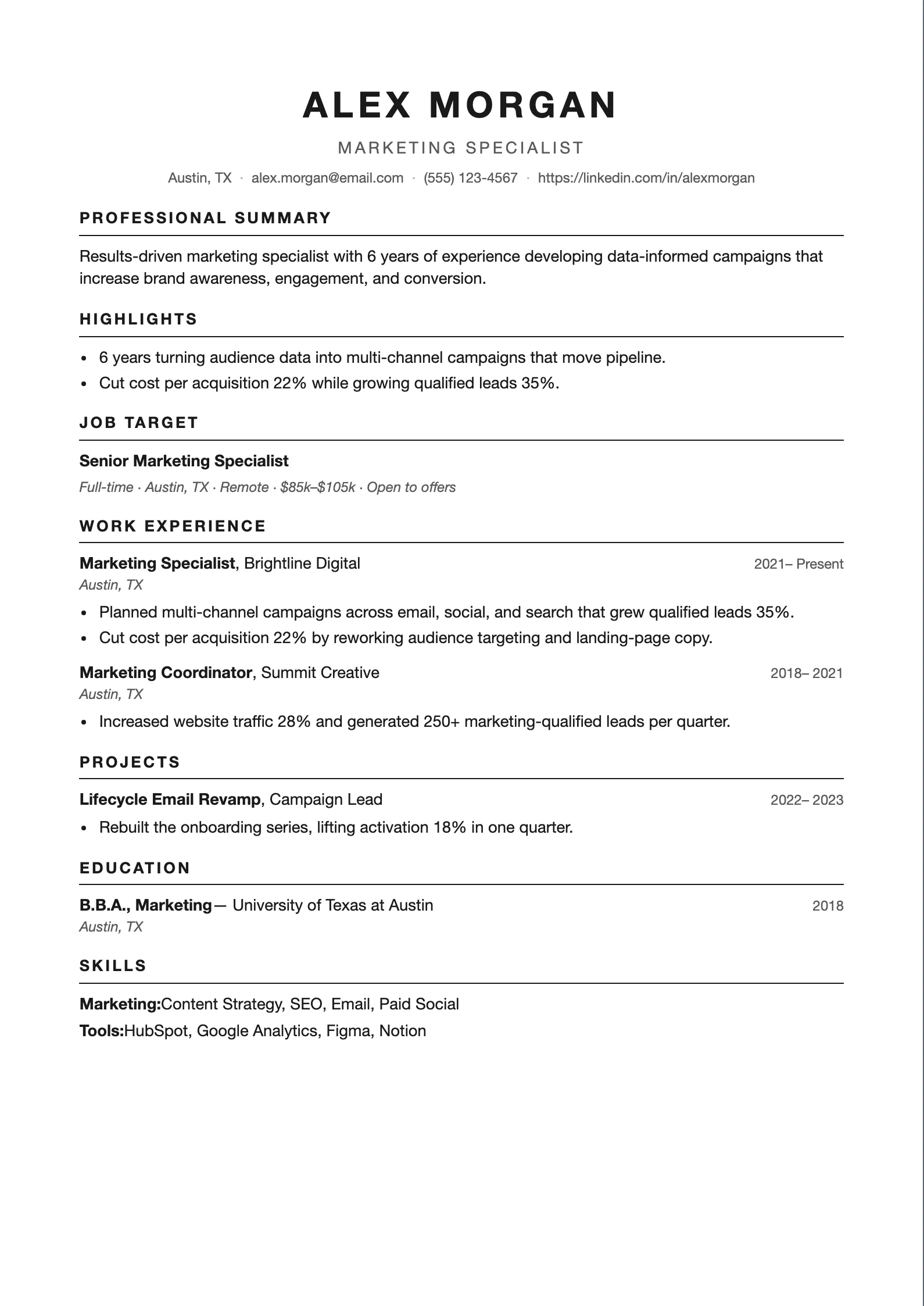 Single-column Modern ATS resume template with bold uppercase section headings and a clean rule under each heading