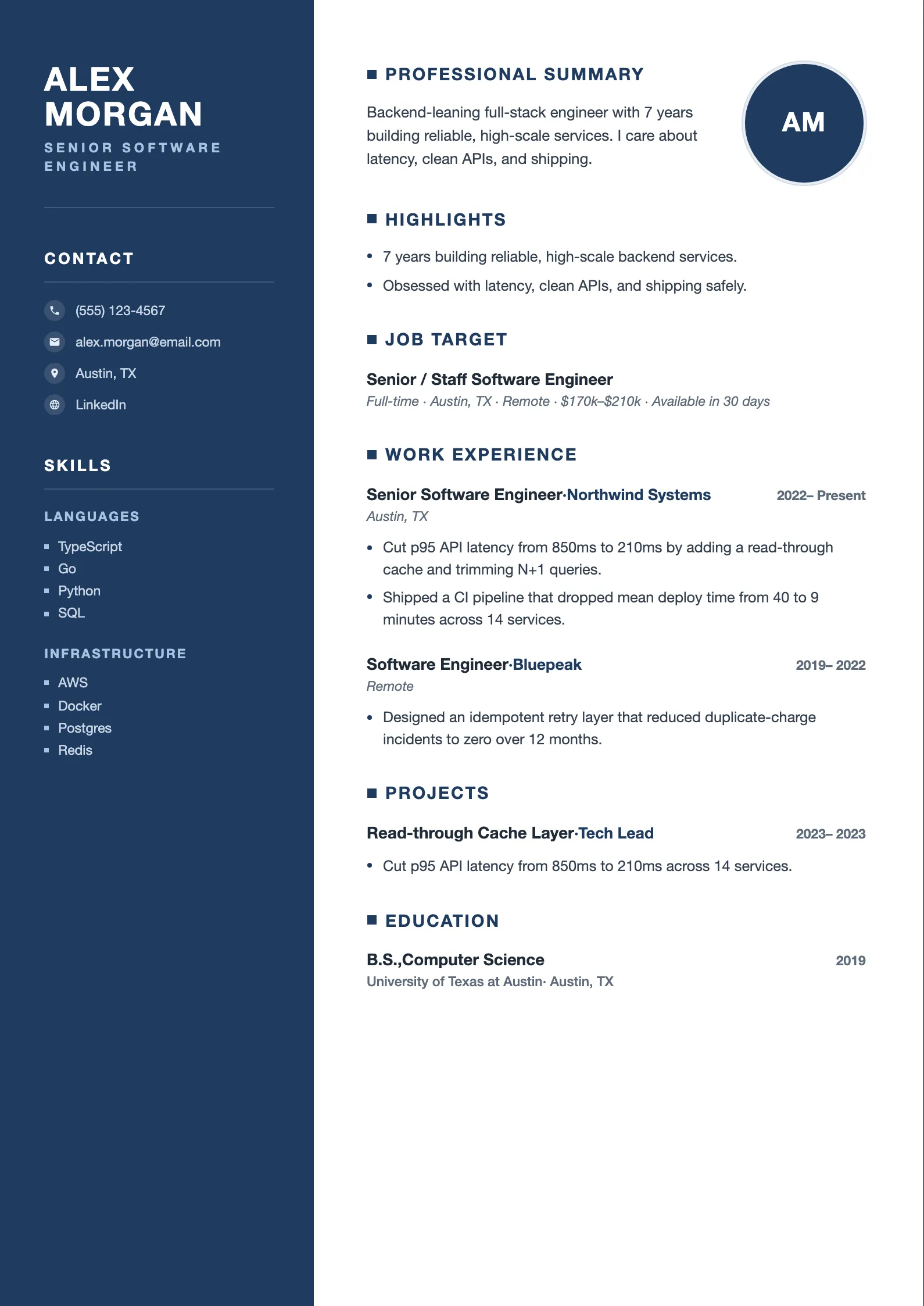 Two-column Modern Sidebar resume template with a colored left sidebar for contact and skills