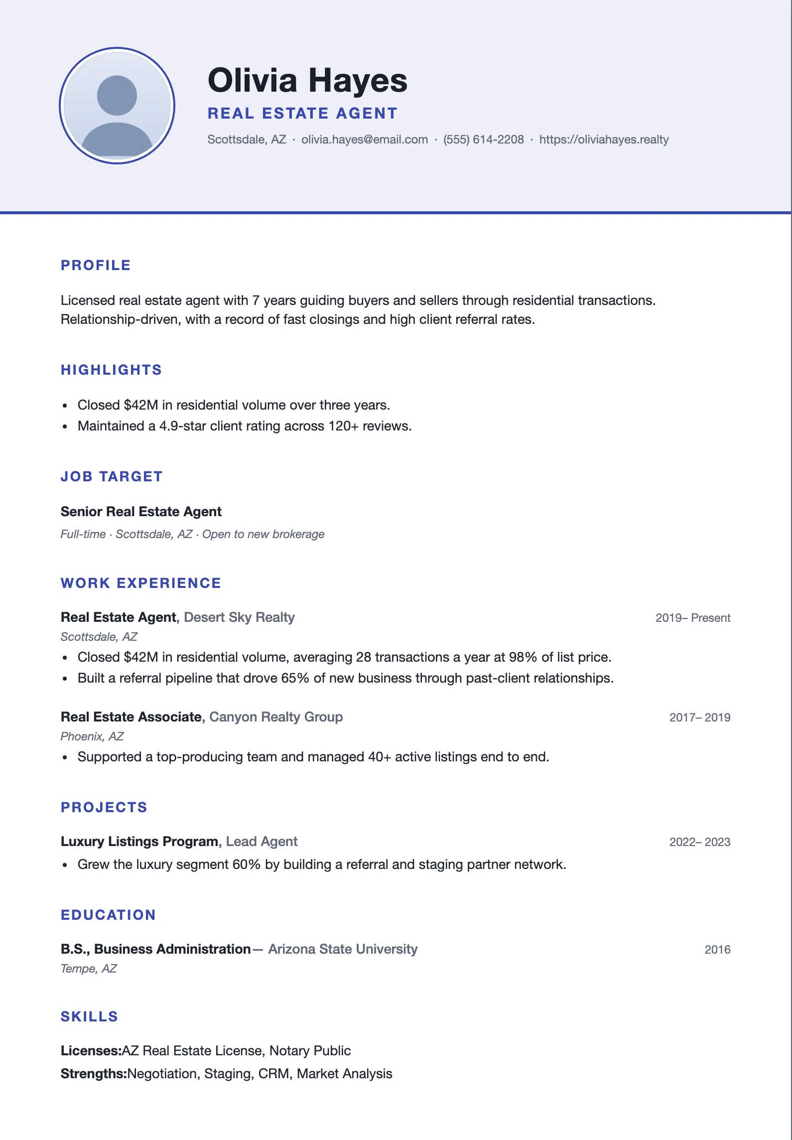Resume template with a circular photo in a tinted header band beside the name, over a clean single-column body with accent headings