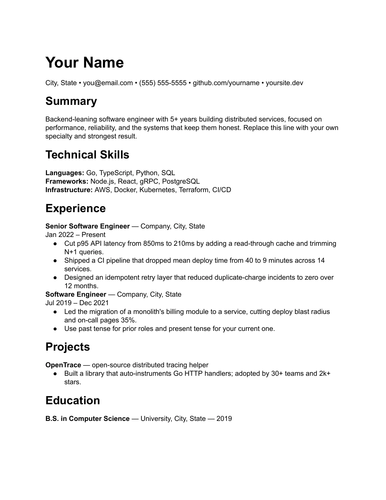 First page of the Software Engineer resume template with a technical skills section above impact-focused experience