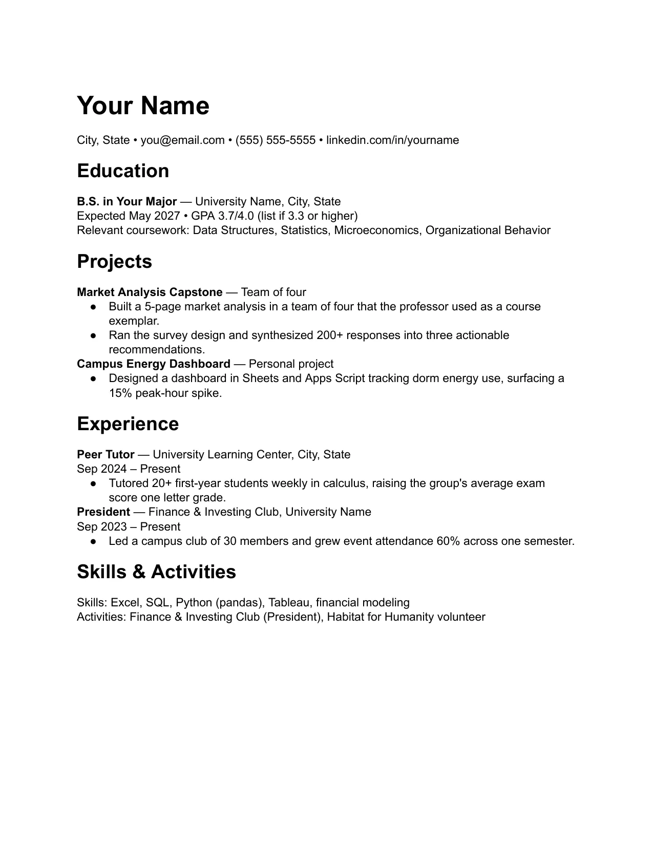 First page of the Student Internship resume template, leading with an education and projects section
