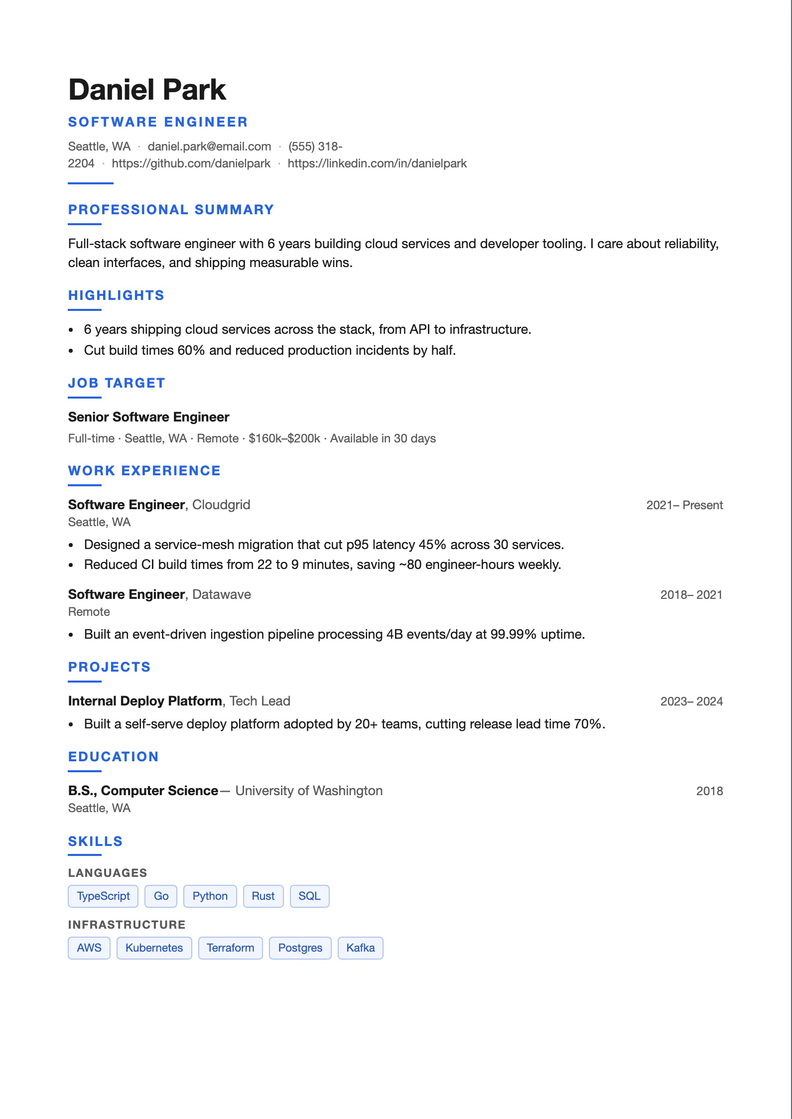 Single-column Technical resume template with a left-aligned name, blue accent headings, and skills shown as bordered tags