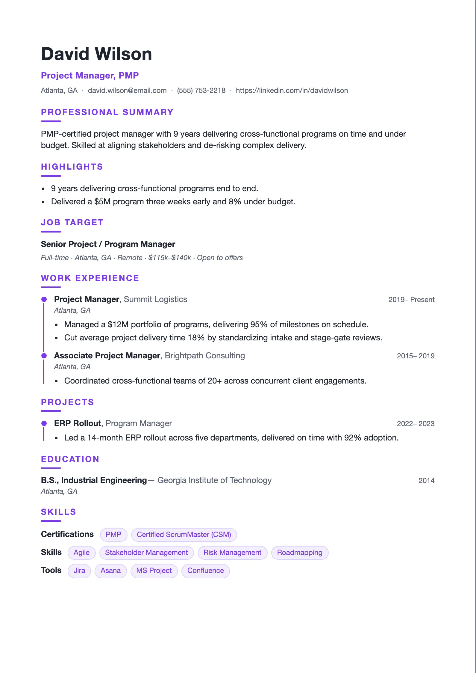 Single-column Timeline resume template with a vertical accent rail and dots marking each role in work experience and projects